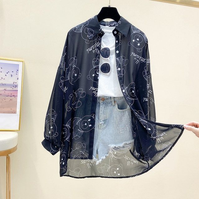 

Шифоновая рубашка женская весенняя одежда корейская версия кардиган с принтом свободная толстая сестра средней длины солнцезащитная одежда женская верхняя одежда L
