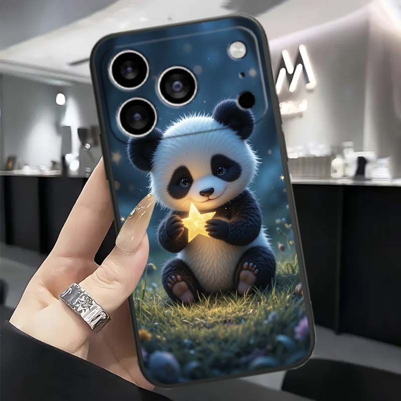 Cartoon Anime Panda Cute For Apple iPhone 17 16 16E 15 14 13 12 11 Pro Max Plus Black Soft Silicone Phone Case