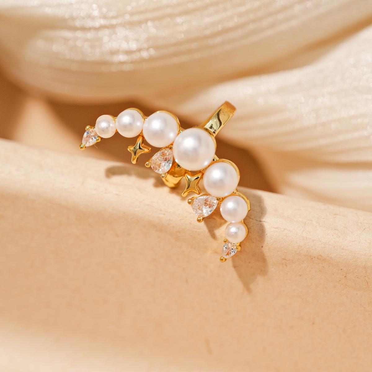18k Gold Plated Zircon & Pearl Moon Ear Cuff – Fashionable, Versatile, Light Luxury Earring