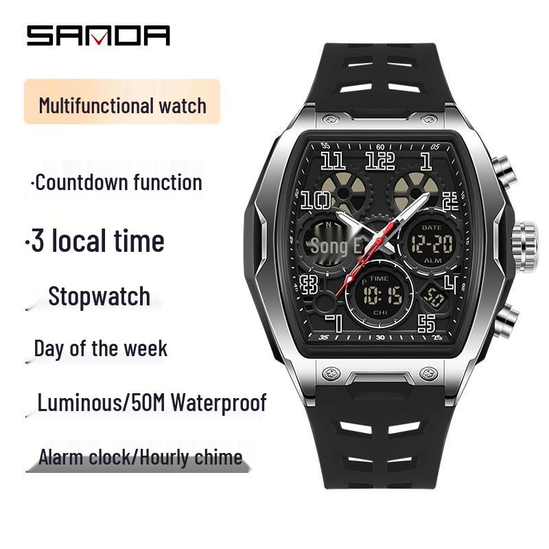 Sanda Dual-Movement Barrel Watch: Luminous Alarm, Large Dial, Multifunctional Student Watch.