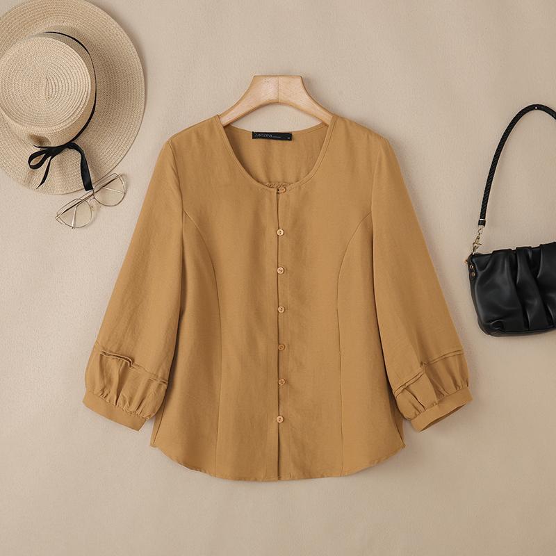ZANZEA Women Casual Round Neck Solid Color 3/4 Sleeve Blouse