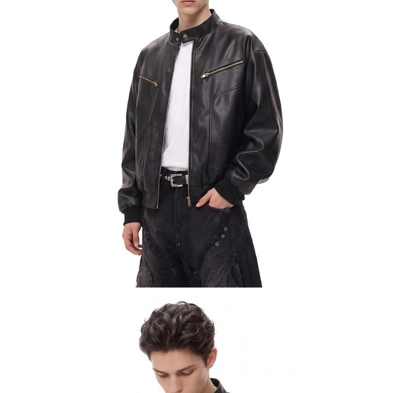 American Windproof Stand-up Collar PU Leather Jacket Men's Autumn Retro Loose Silhouette Locomotive Jacket Pu Leather Jacket
