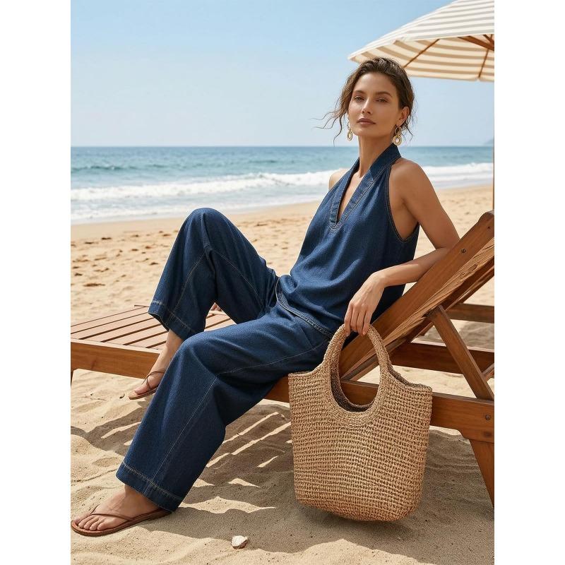 Women's Sleeveless V Neck Wide Leg Jumpsuit Loose Casual One Piece Summer Outfit
