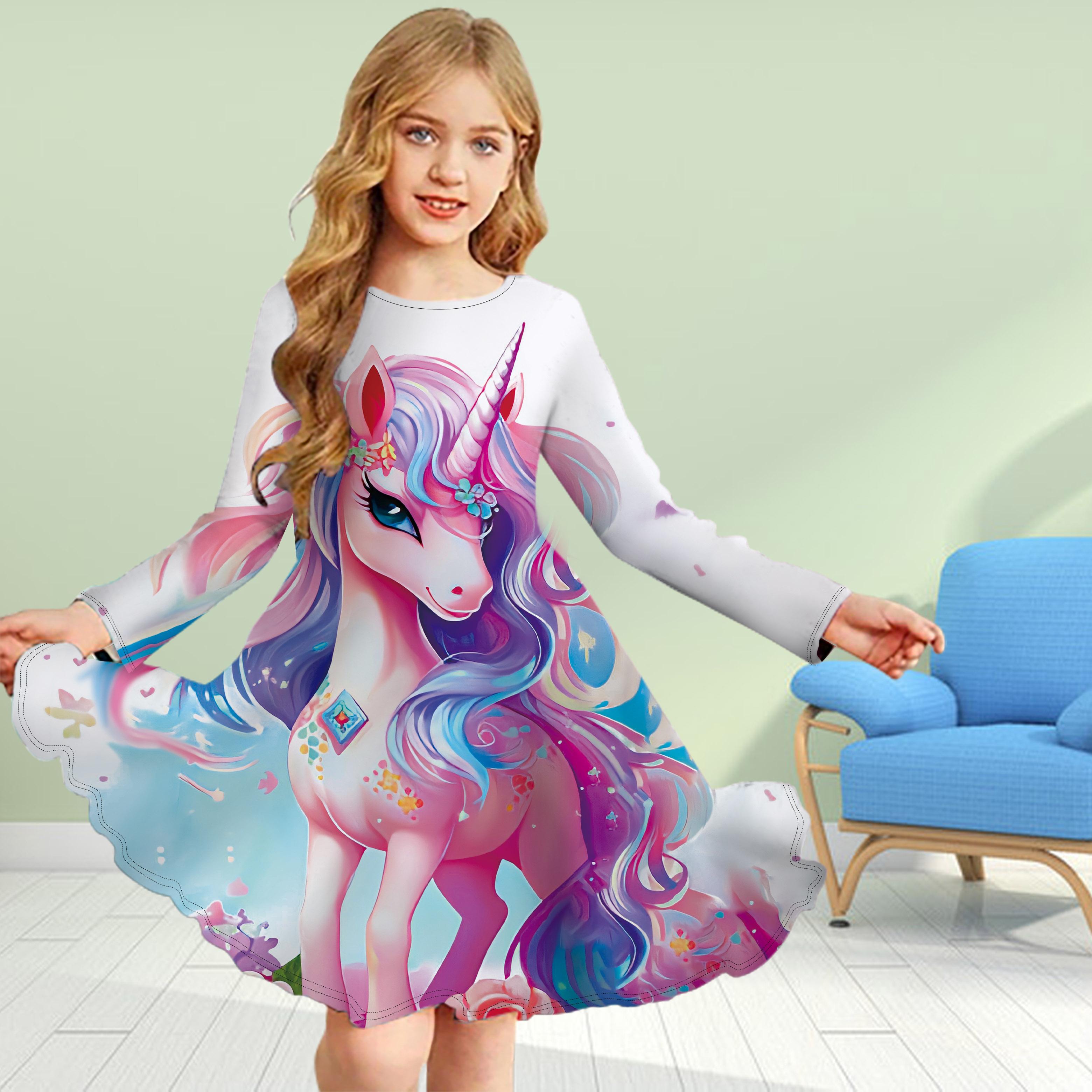 

Повседневное платье для девочек с 3D-принтом, коричневым единорогом, круглым вырезом и длинными рукавами, детское платье принцессы 110 розовый