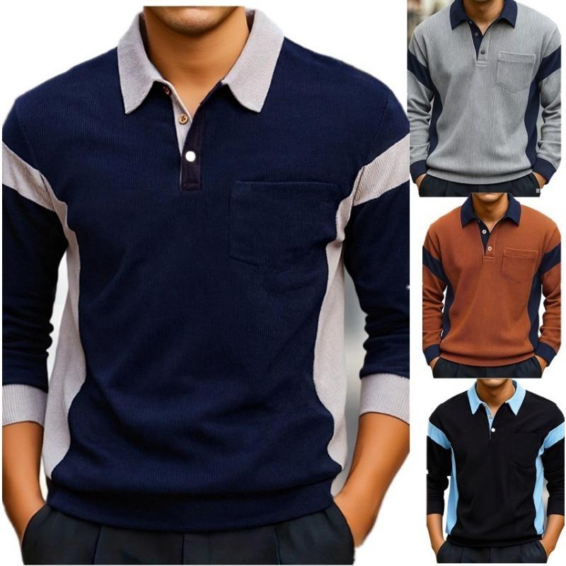 2025 Herbst und Winter Lässige Textur Cordstoff Kontrastierendes Einreihiges Langarm Herren POLO-Shirt
