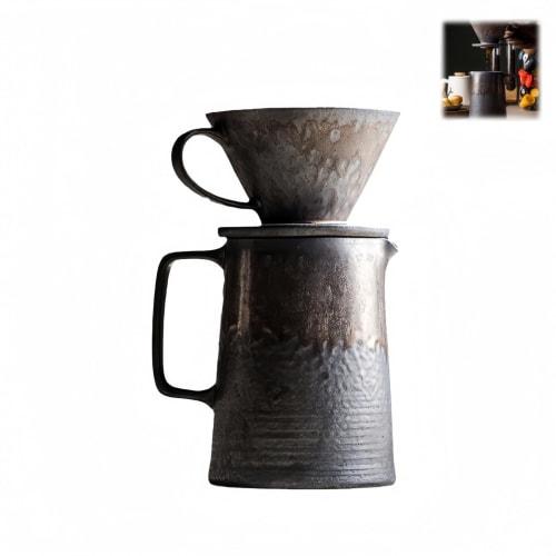 Ceramic Coffee Dripper and Coffee Server Set with Gold-rimmed Coffee Filter Cups and a Vintage Iron Rust Glaze Handcrafted Drip Filter. Microwave and