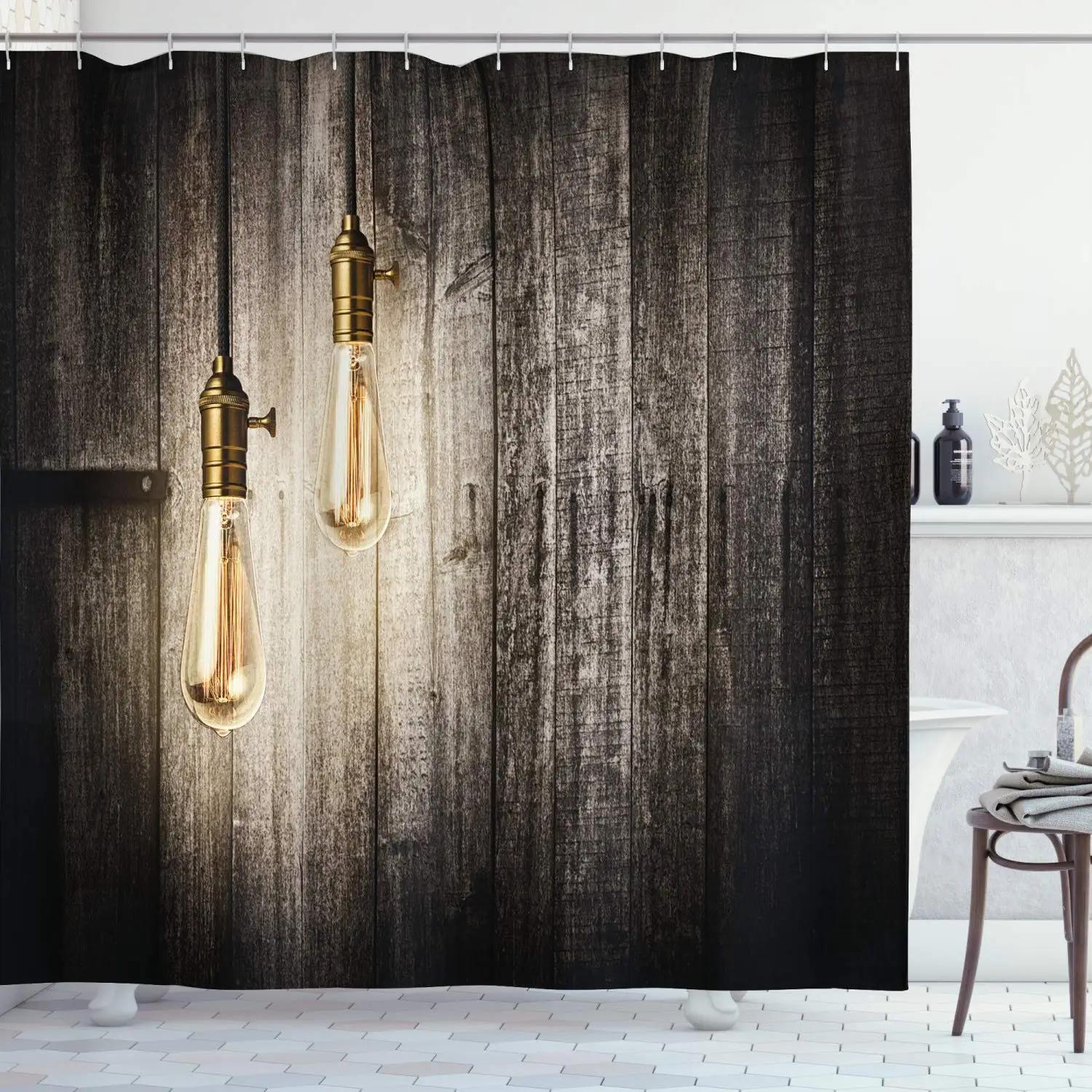 

Industrial Shower Curtain Steampunk Style Antique Composition Brass Fastening Round Bulb Cloth Fabric Bathroom Decor With Hooks W60H190(CM)-1 Pcs