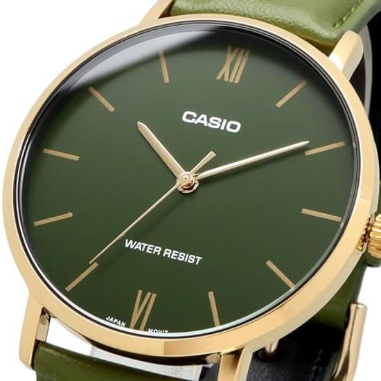 CASIO Quartz Mens Watch MTP-VT01GL-3B Gold Green Leather Band Overseas Model