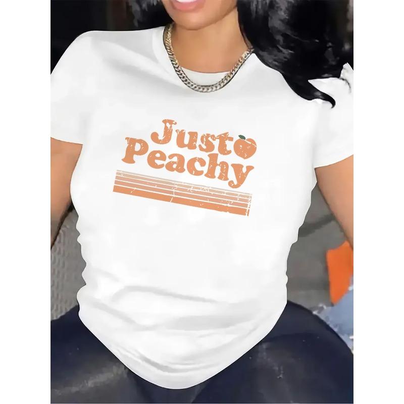 Europäische Größen Damen "Just Peachy" Grafik-T-Shirt - Weiß mit Oranger Pfirsich-Design Restaurants und Outdoor-Aktivitäten