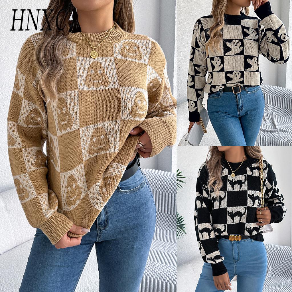 HNXC Autumn Winter Halloween Checkered Lantern Long-sleeved Pullover Sweater Women's Clothing