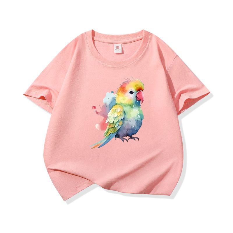 Bright Watercolor Rainbow Parrot Graphic Tee Kids Pure Cotton Crew Neck Print T Shirt Short Sleeve Muticolor Tops Boys Girls