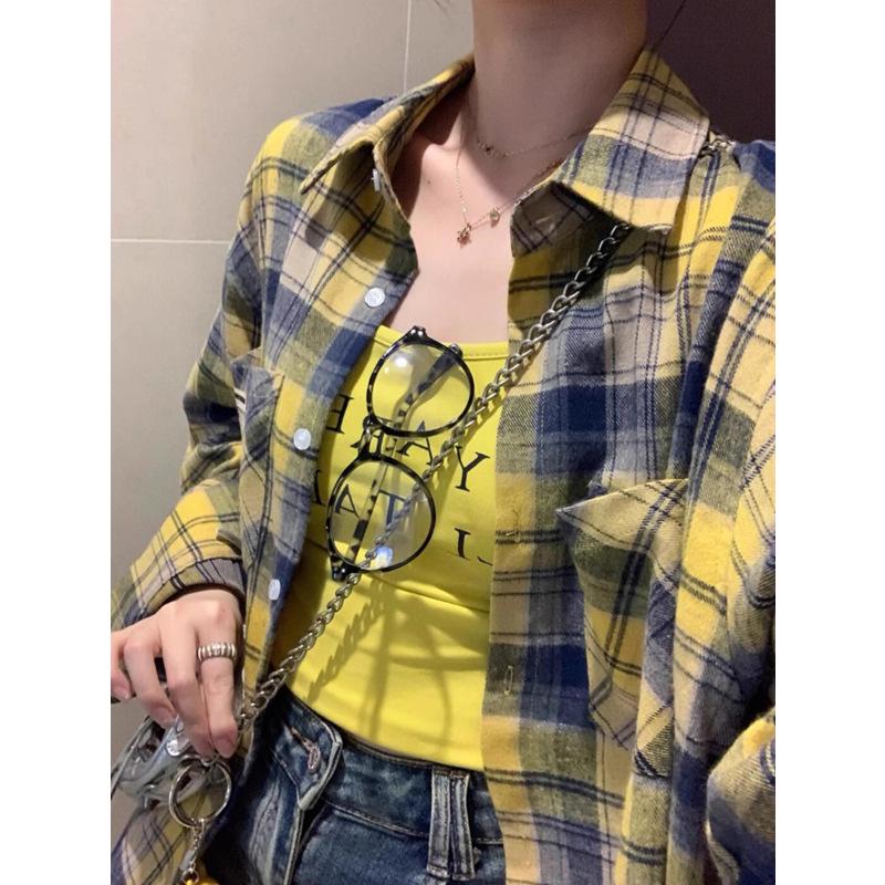 2024 Autumn Women's Versatile Egg Yellow Checkered Patchwork Long Sleeve Jacket