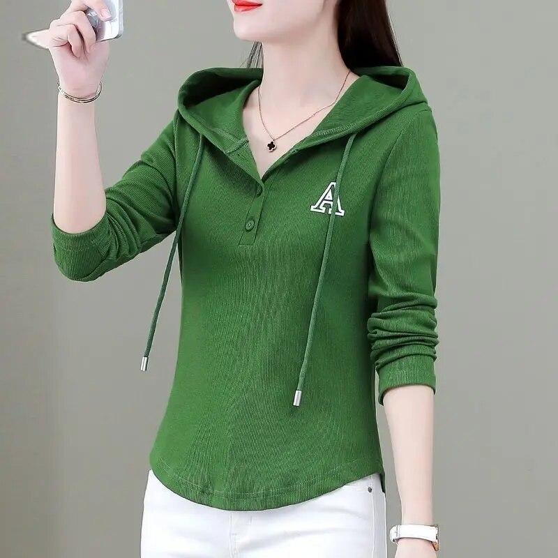 Spring and Summer Hooded Slim Long Sleeve Korean Version Spliced Pockets Solid Color Zipper Commute Fashion Causal T-shirt