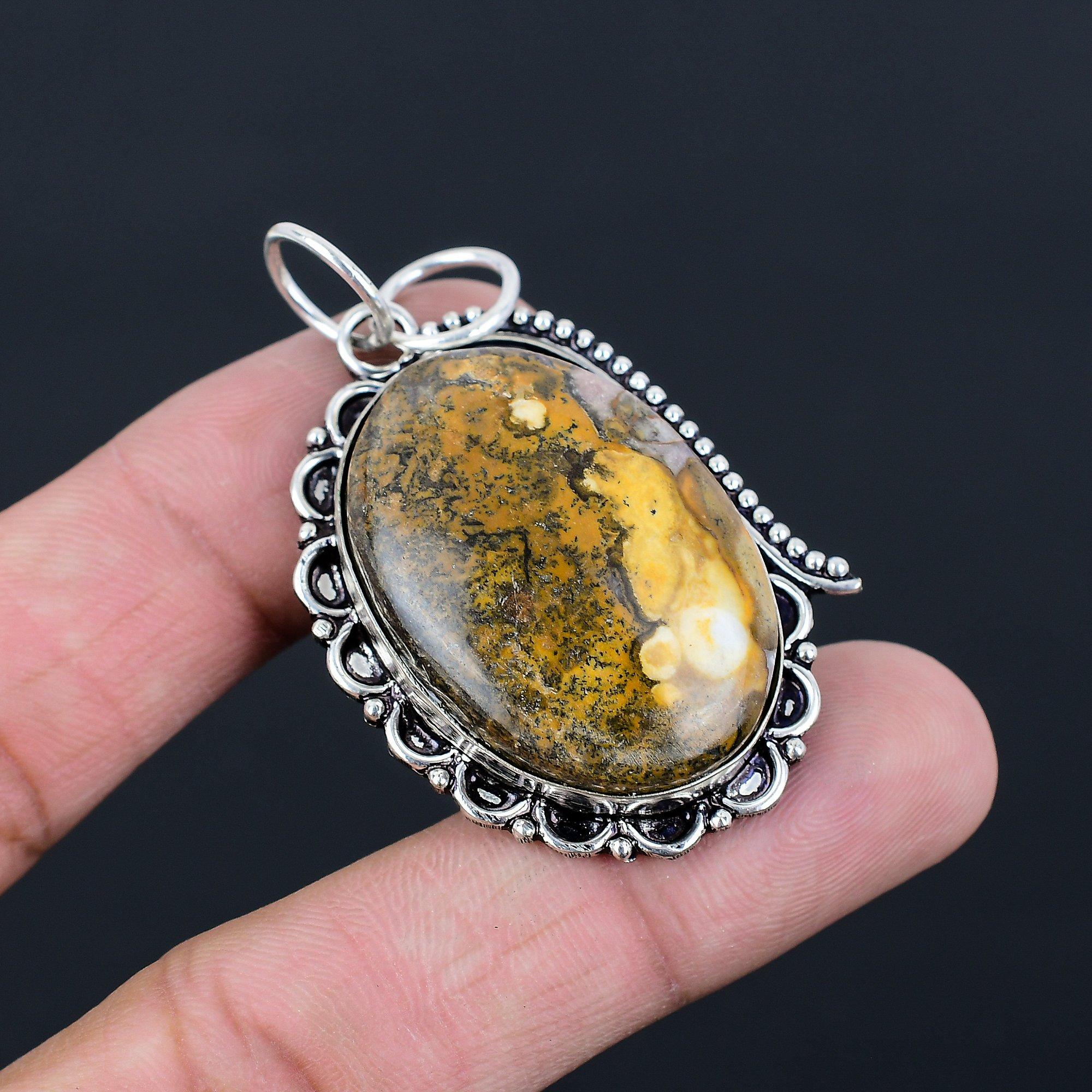 Sterling Silver Petrified Wood Jasper Stone Root Chakra Bezel Pendant Jewelry