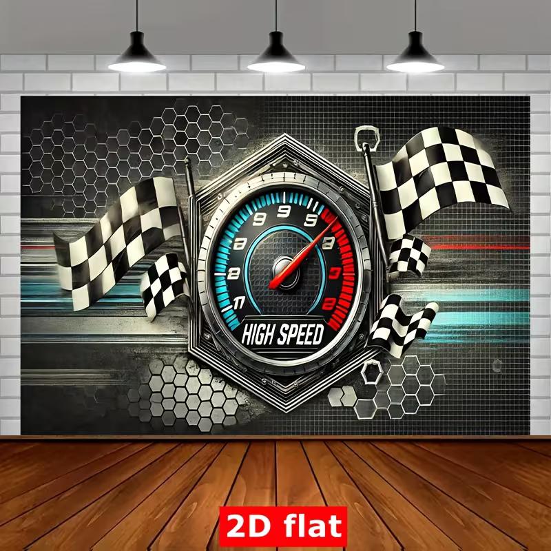 2D Racing Birthday Photo Backdrop Speedometer Flag Decor Cloth