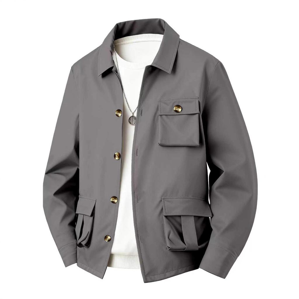 Spring Autumn Men's Solid Color Multi-Pocket Utility Jacket - Simple Style Long Sleeve Casual Multi-Functional Waterproof Shirt