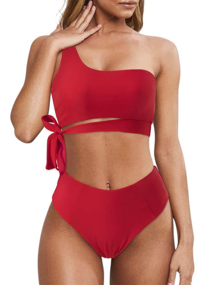 Cikini Ein-Schulter-Bikini-Set für Damen, Zweiteiliger Badeanzug, Einfarbige Sommer-Strandbademode, Badeanzug für Damen