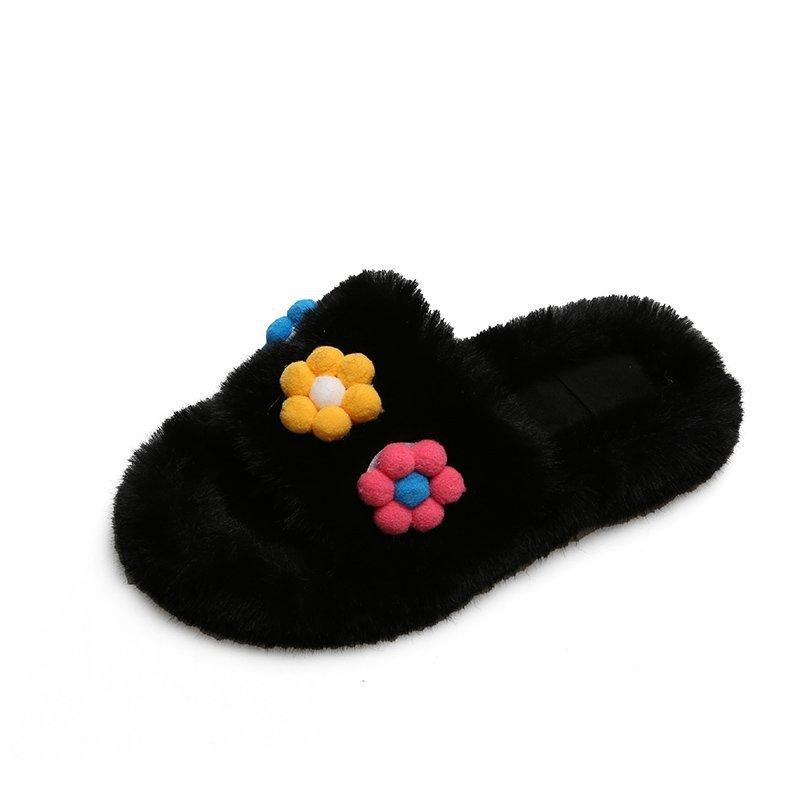 Hairy Slippers Women s Autumn and Winter Outer Wear Parent-child Shoes New Fashion Flat One-word Home Cotton Drag Lazy Shoes 35
