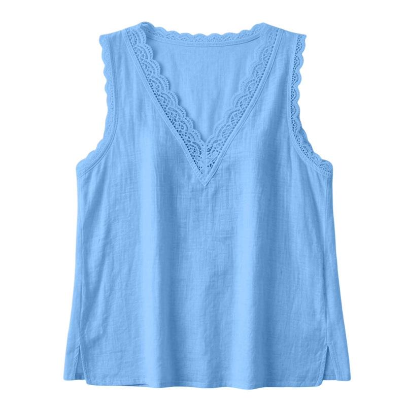 Womens Casual Summer Sleeveless V Neck Lace Trim Shirt