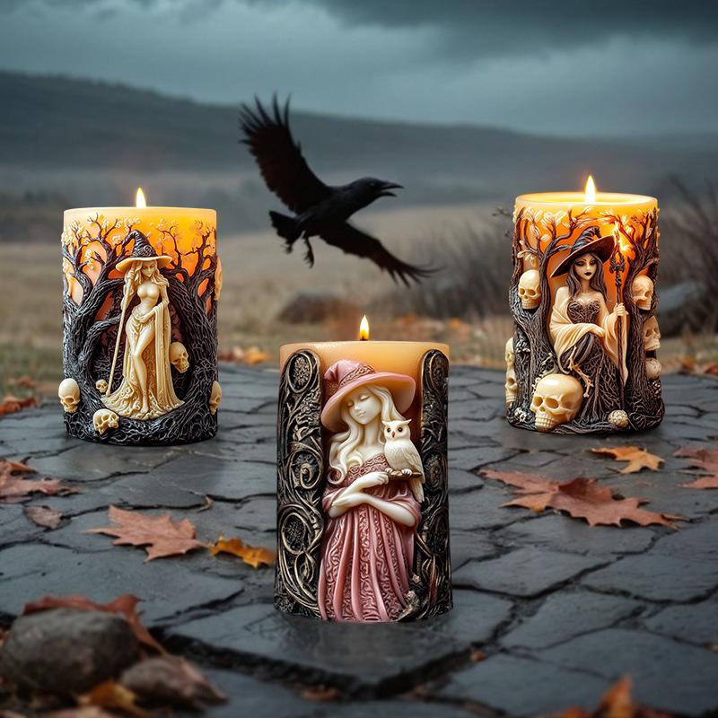3D Witch Cylinder Candle Silicone Mold DIY Skull Witch Relief Cylinder Aromatherapy Resin Silicone Mould Halloween Decor Gifts
