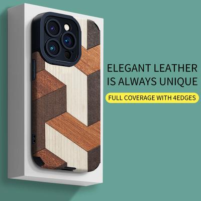 Vertical Grain Leather Shell Wood Printed Patterned Shockproof Soft Silicone Case with Camera Lens Full Protection for iPhone