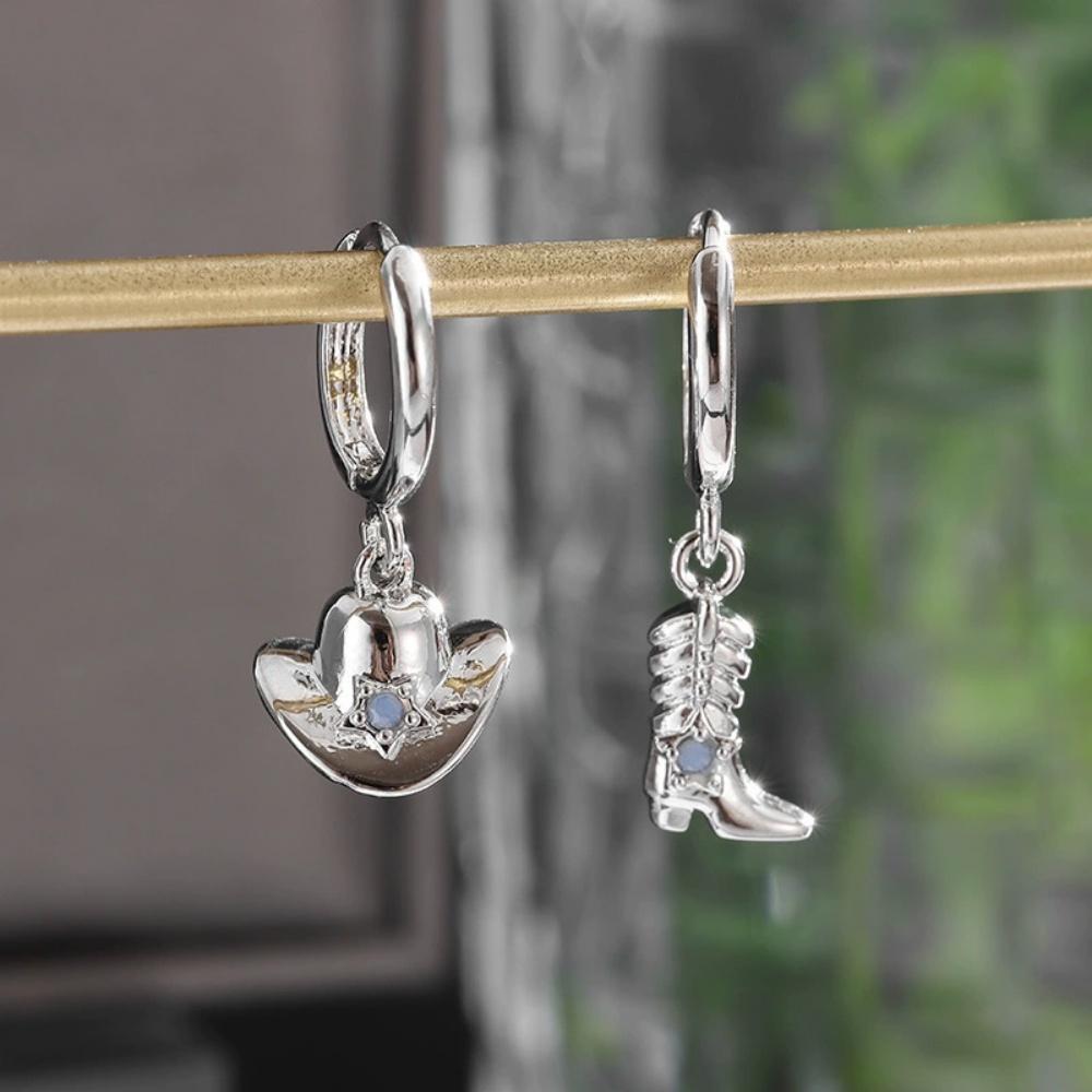 New Golden Silvery Asymmetric Zircon Cowboy Boots Hat Pendant Earrings Unique Fashion Versatile Hip Hop Jewelry Gift Wholesale