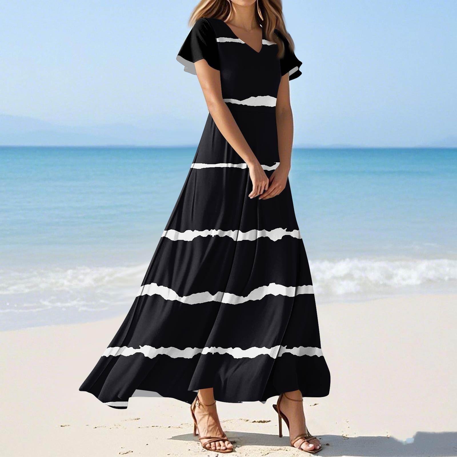 

Женские летние повседневные модные платья с принтом и короткими рукавами и V-образным вырезом M чёрный