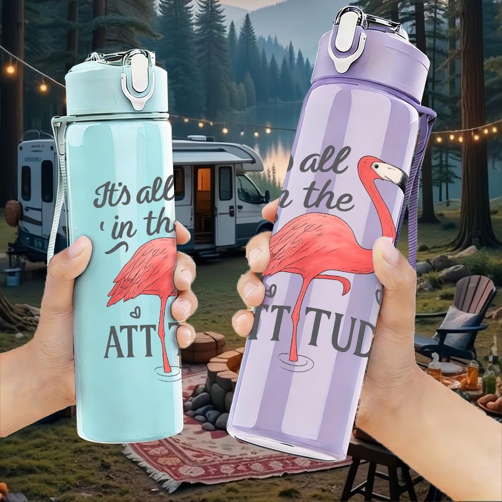 1PC Flamingo Attitude Letter Print 750ml Color Plastic Sports Water Bottle Leakproof Flip Straw Lid Suitable for Sports Office Home Use