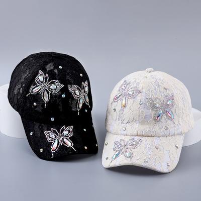 New Rhinestone Butterfly Flower Baseball Cap Women's Spring and Summer Breathable Lace Fashionable and Elegant Curved Brim Cap Batch