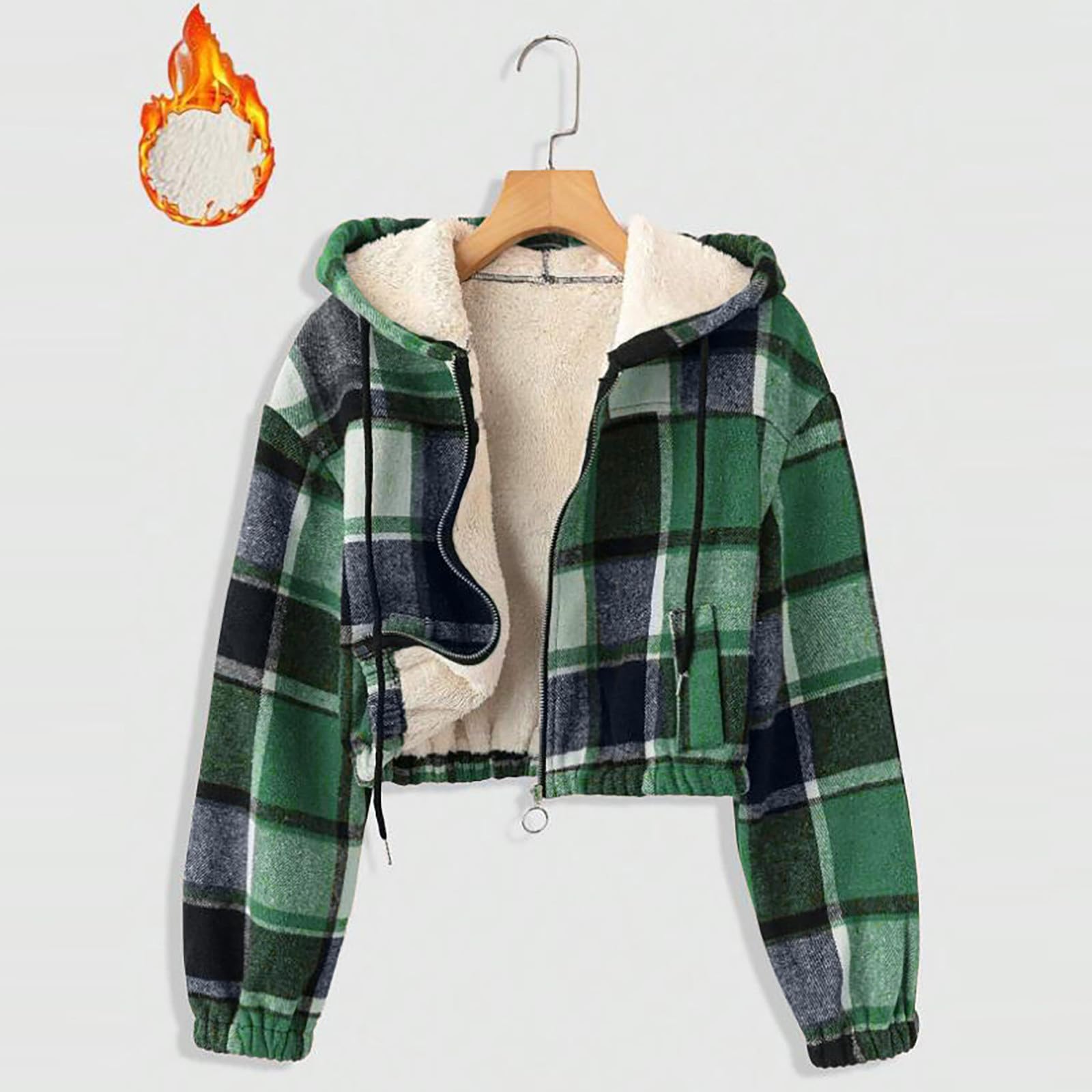 

Women Casual Cropped Jacket Fleece Hooded Zip Up Coat Flannel Warm Long Sleeve Short Jackets With Pocket L зелений
