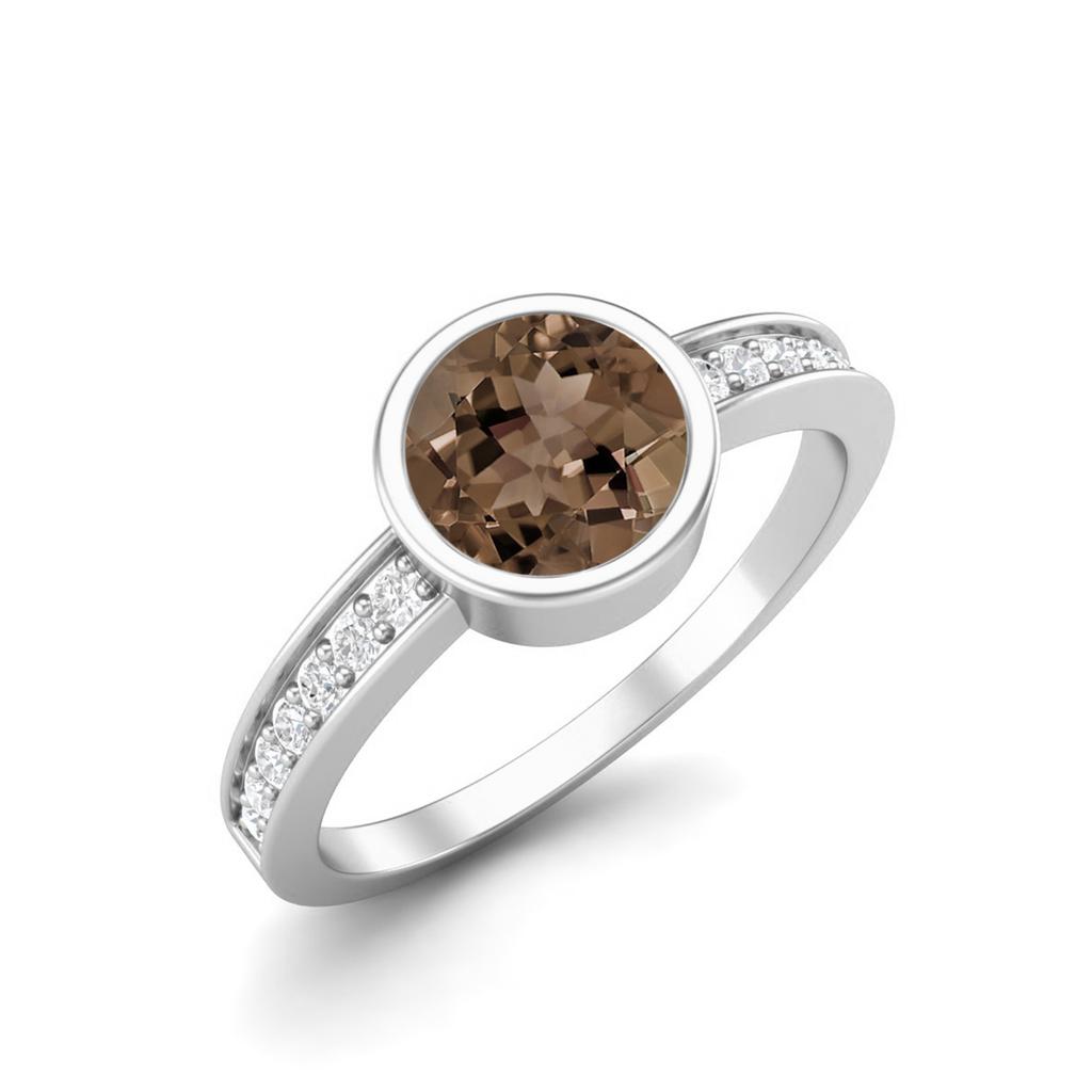 6mm Round Smoky Quartz 925 Sterling Silver Solitaire Side Accents Women Promise Ring