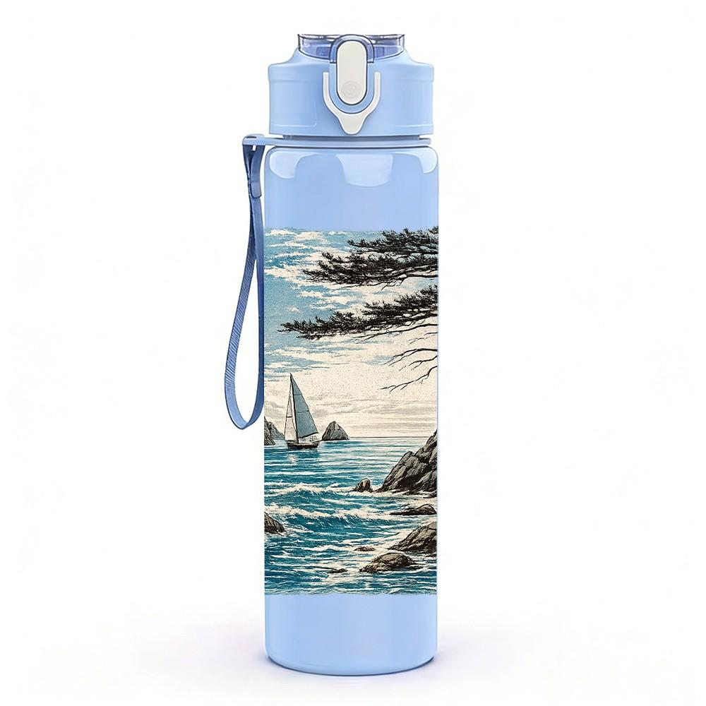 1PC Pine Tree Cliff Ocean Bay Landscape Print 750ml Color Plastic Sports Water Bottle Leakproof Flip Straw Lid Suitable for Sports Office Home Use