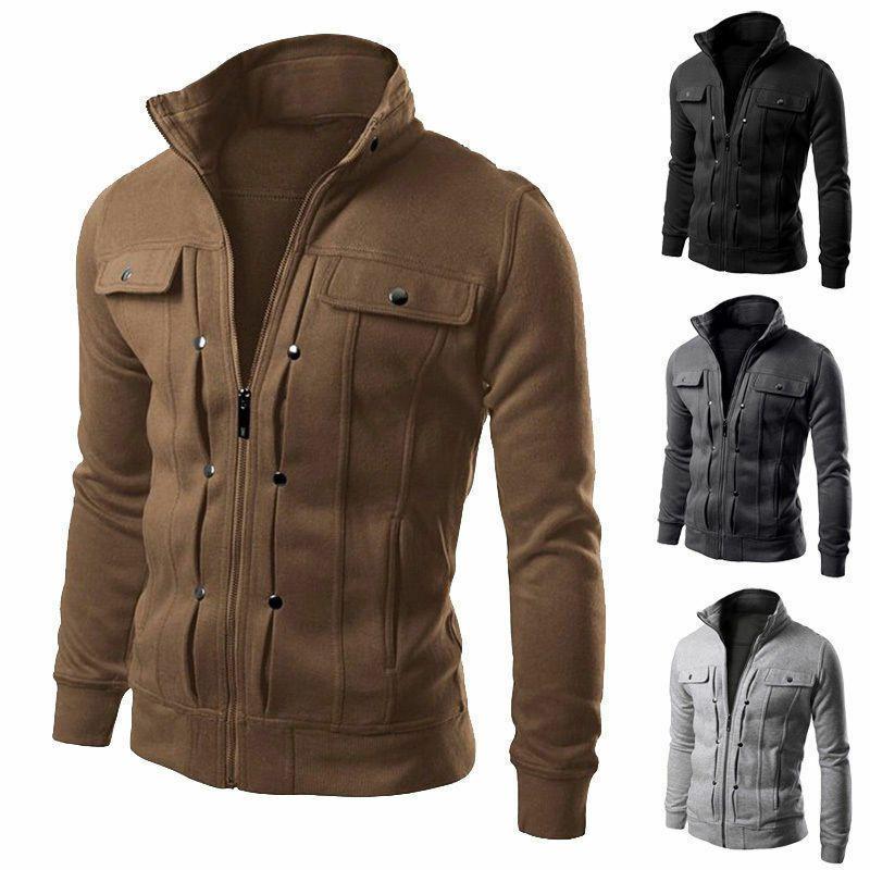Mens Slim Fit Stand Collar Long Sleeve Coat Top Military Jacket For Stylish Look