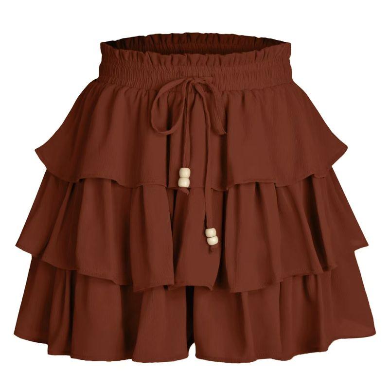 

Fashion Style New Arrival Three-Layer Cake Pantskirt Elastic Waistband Lace-up Culottes Tie up Skirt Pants Brick Red M