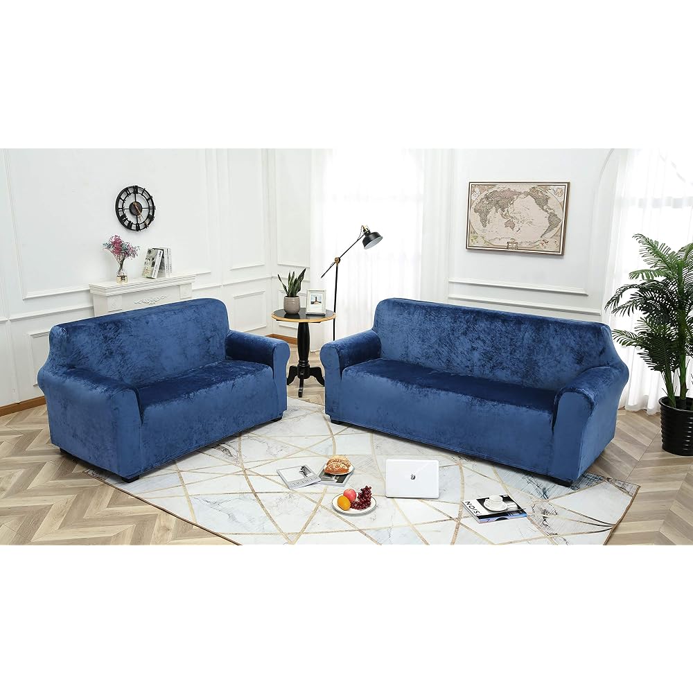 TIANSHU Flannel Sofa Cover, 2-Seater, with Armrests, Solid Color, Stretchable, Fitted, Non-Slip,