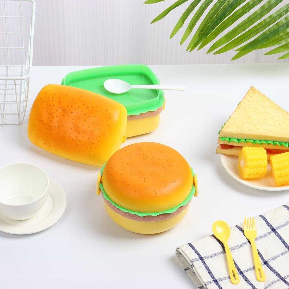 Cute Hamburger Lunch Box Double Tier Burger Bento Lunchbox Children School Food Container Tableware Set with Fork Kitchen Tool