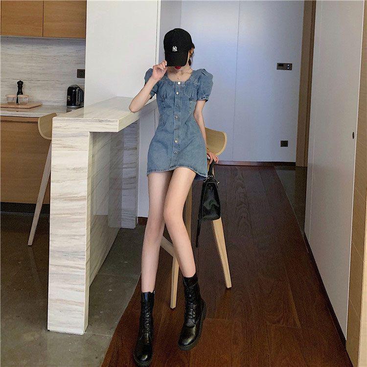 Women's Plus Size Slimming Denim Bubble Sleeve Dress - Summer Waist-Cinching Suspender Skirt