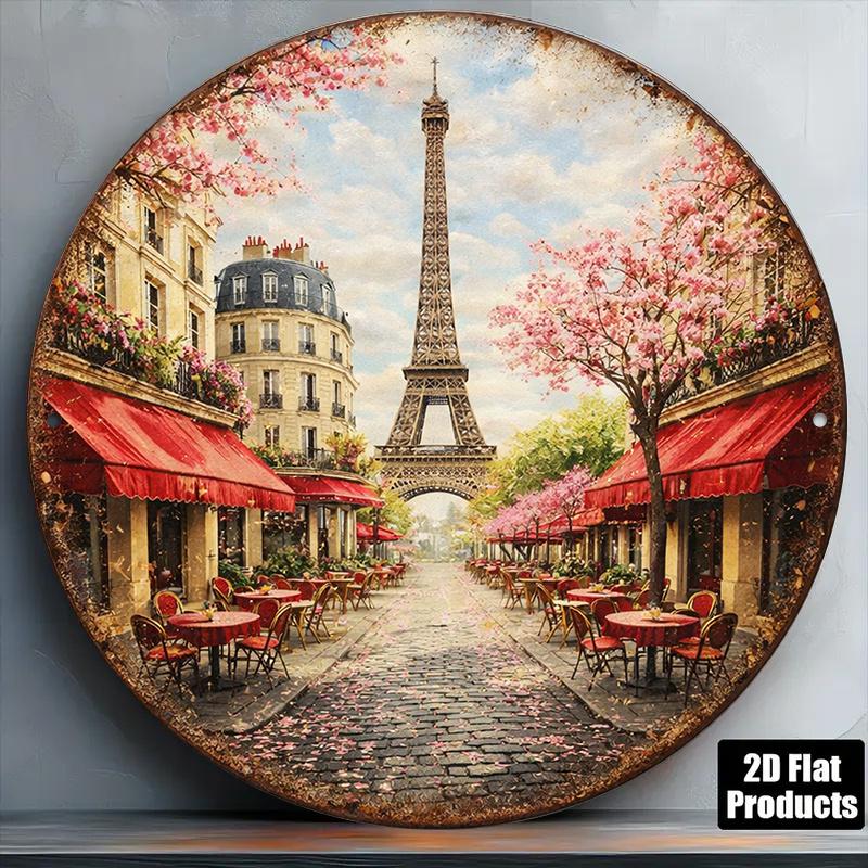 D Flat Pc InXCm D Flat Round Sign Vintage Plaque About The Eiffel Tower Paris Street Scene Cafe Decorative Sign