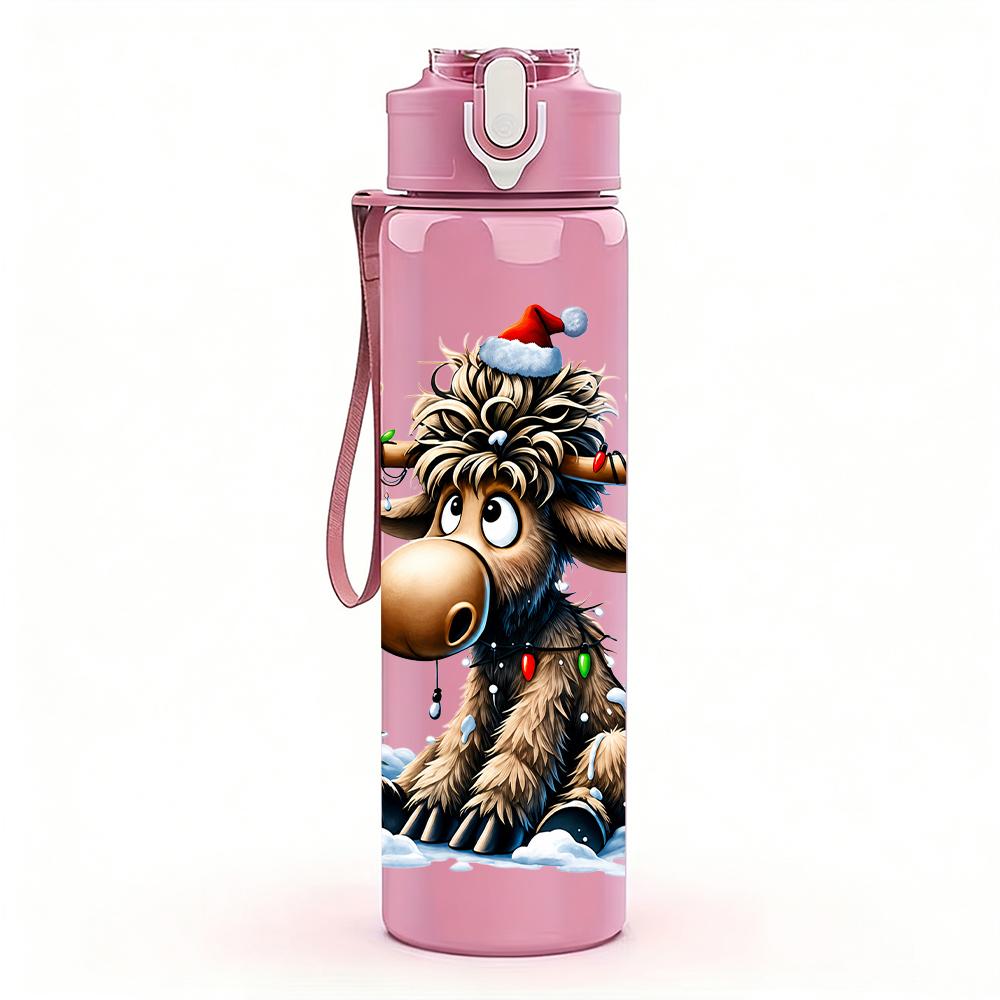 1PC Christmas Moose Cartoon 750ml Color Plastic Sports Water Bottle Leakproof Flip Straw Lid Suitable for Sports Office Home Use