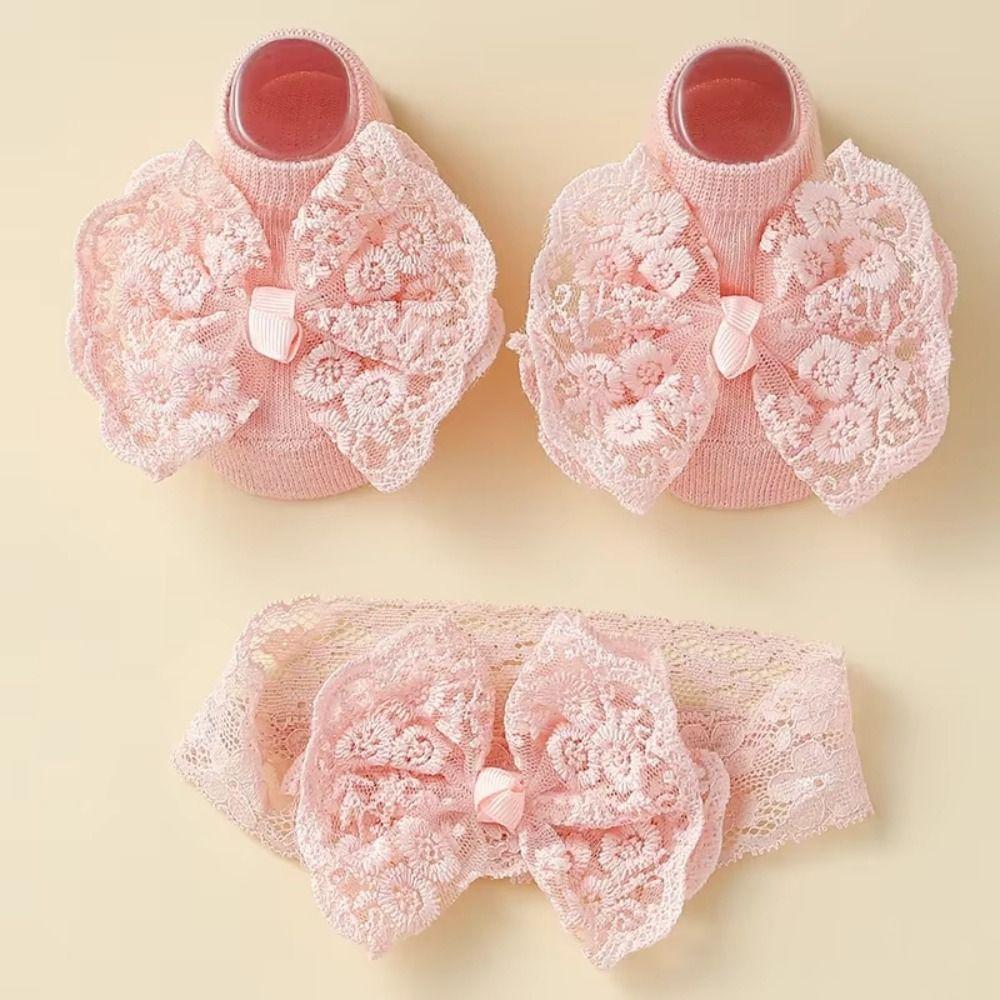 2Set Lace Bow Baby Headband Socks Set Soft Baby Floor Sock Kids Headwear Anti Slip Socks Boy Girl