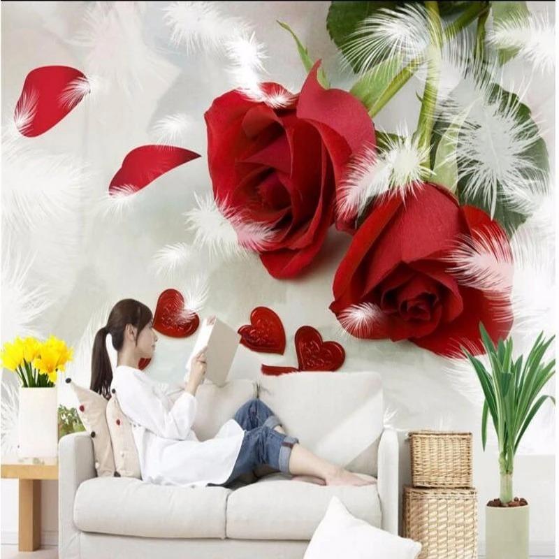 Red Rose Wallpaper Feather Wall Murals Living Room Bedroom Background Wallpaper