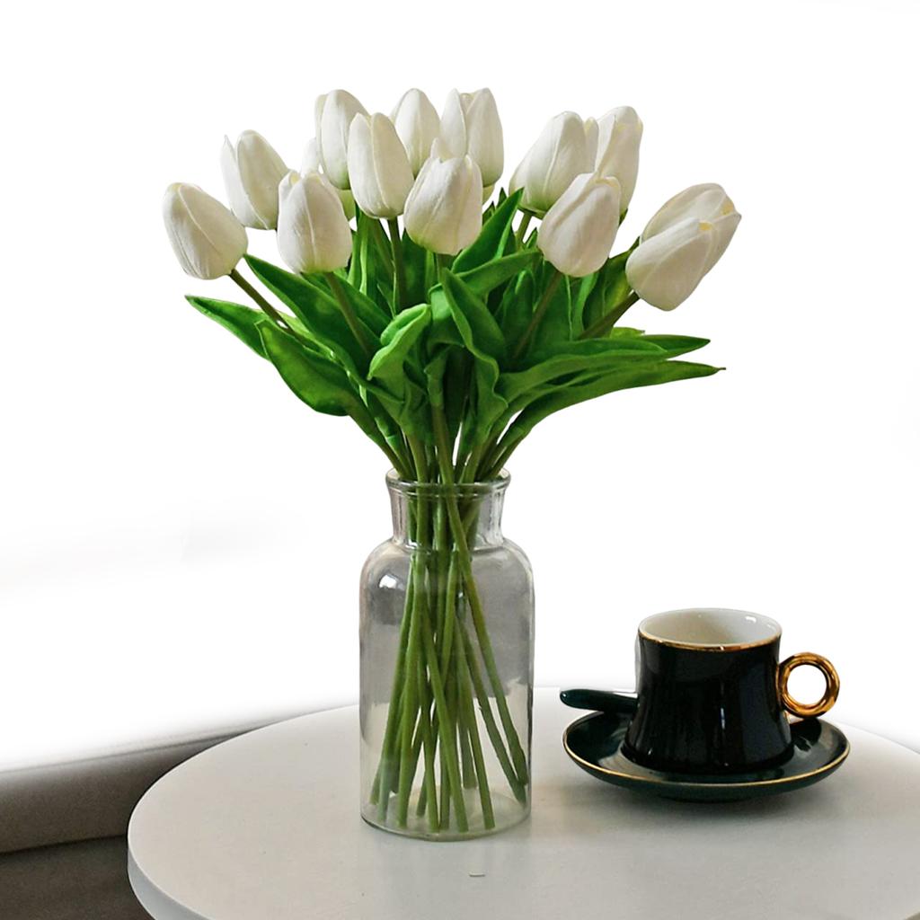 15 PCS White Imitation Tulip Artificial Flowers Real Touch Tulips Faux Flower for Home Kitchen Wedding Dining Table Decoration