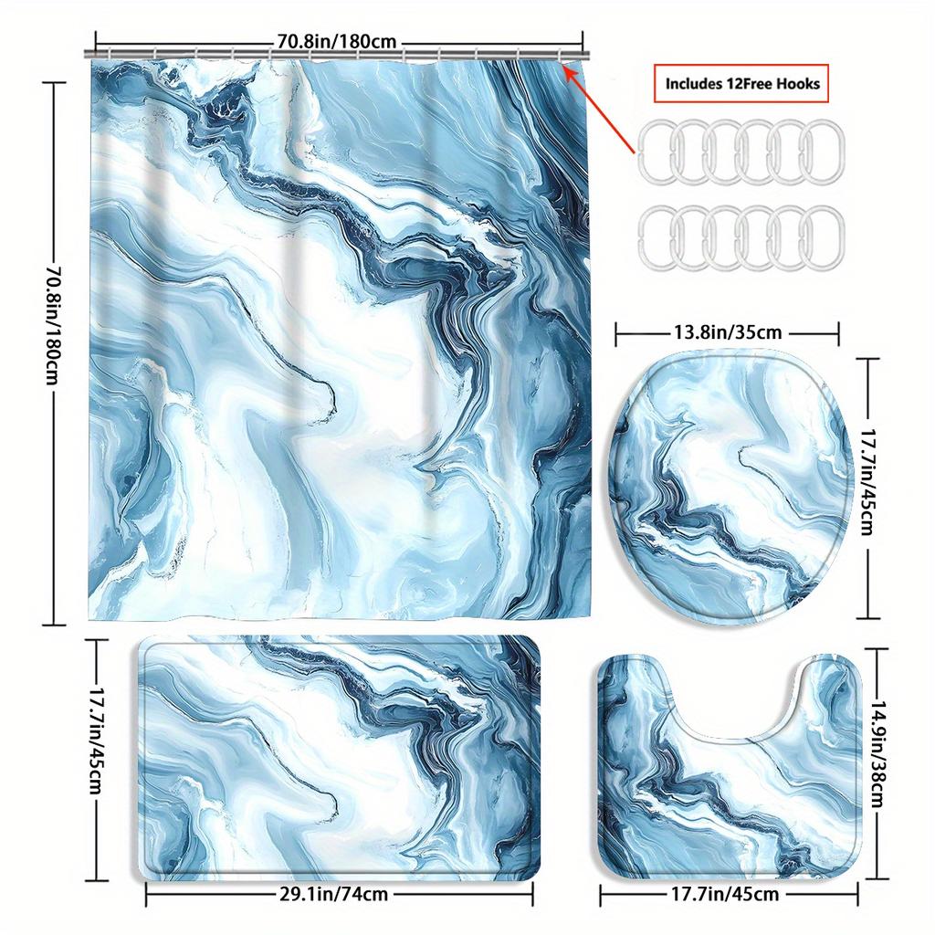 4Pcs Luxurious Blue Marble Shower Curtain Set with Non-Slip Bath Mat, Toilet Lid Cover, Contour Rug & 12 Hooks, Bathroom Decor