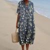 Bohemian Summer Dress Floral Print Vintage Loose V Neck Short Sleeves Knee Length A Line Beach Dating Midi Dress for Women