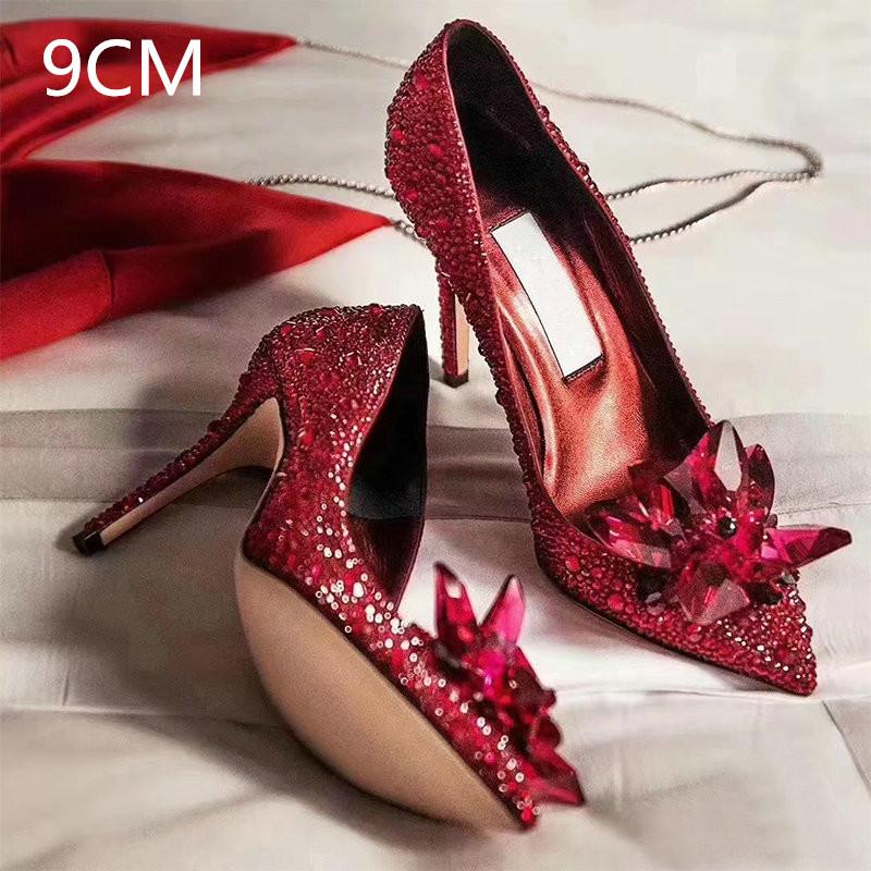 Grey Women's Crystal Wedding Shoes High Heels 2025Autumn New Silver All Diamond Bridal Shoes Water Diamond French Single Shoes