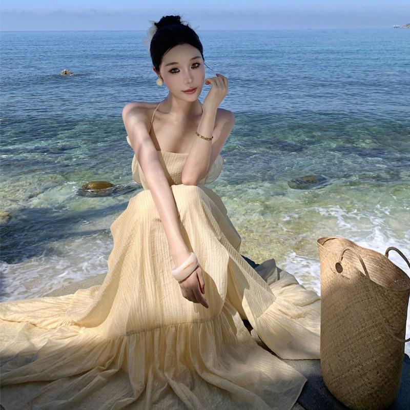 Fairy Seaside Vacation Dress Women s Summer Halter Suspender Long Dress High Sense Travel Photo Fairy Dress S