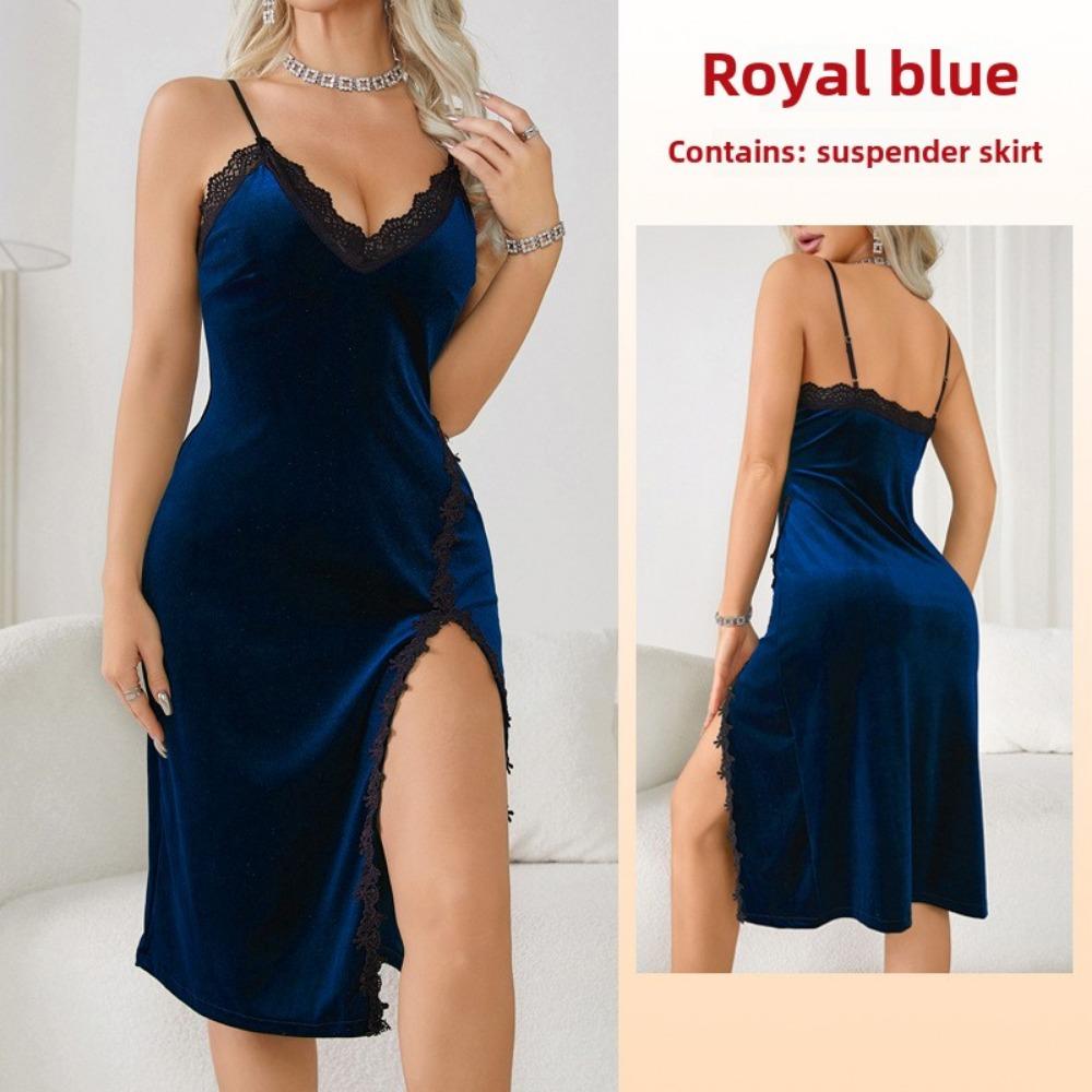 

Сексуальна глибока V піжама Жіноча довга нічна сорочка на підтяжках Оксамитове мереживо Спокусливий одяг для відпочинку без спини L Темно-синій