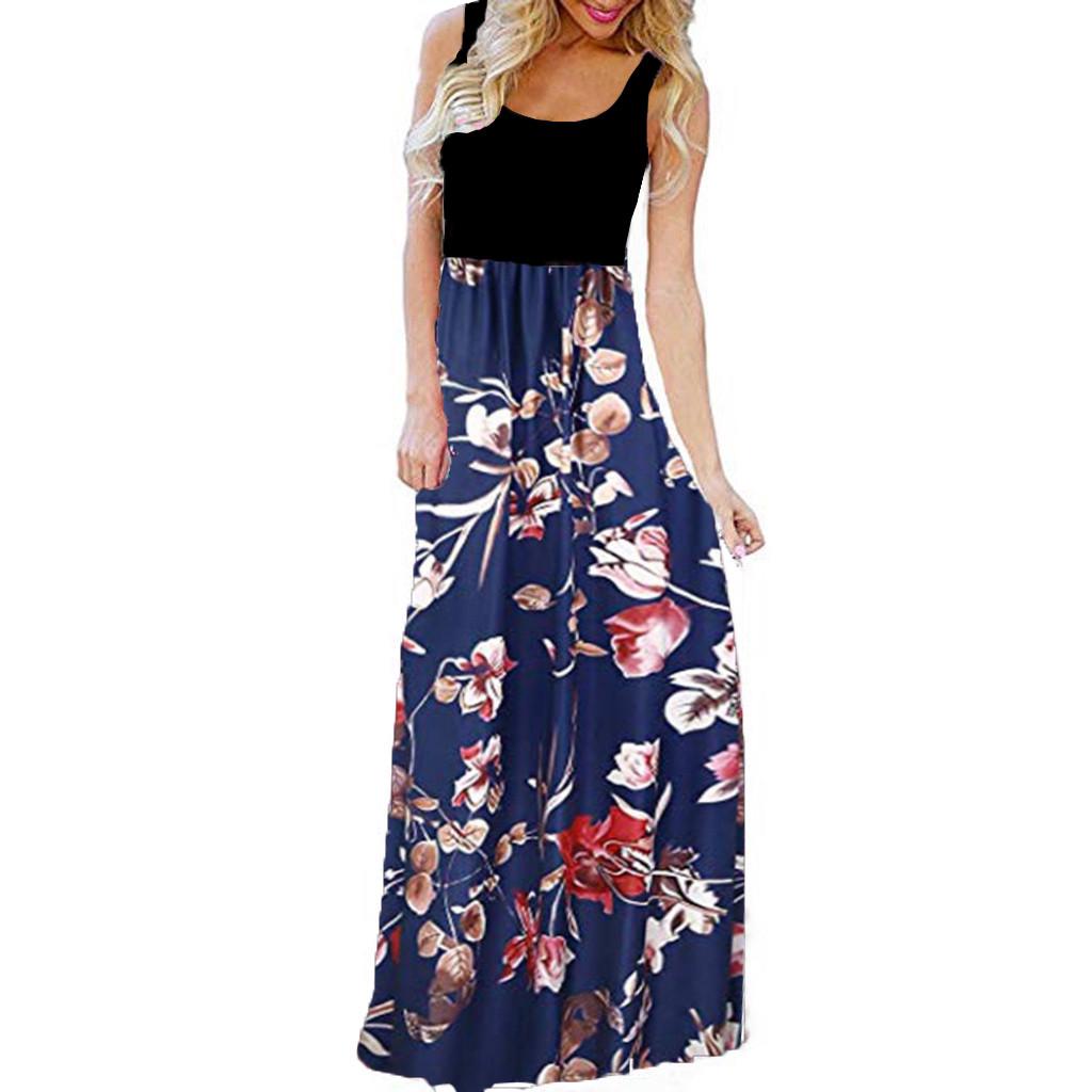 Women s Casual Sleeveless Print Maxi Tank Long Dress S синий