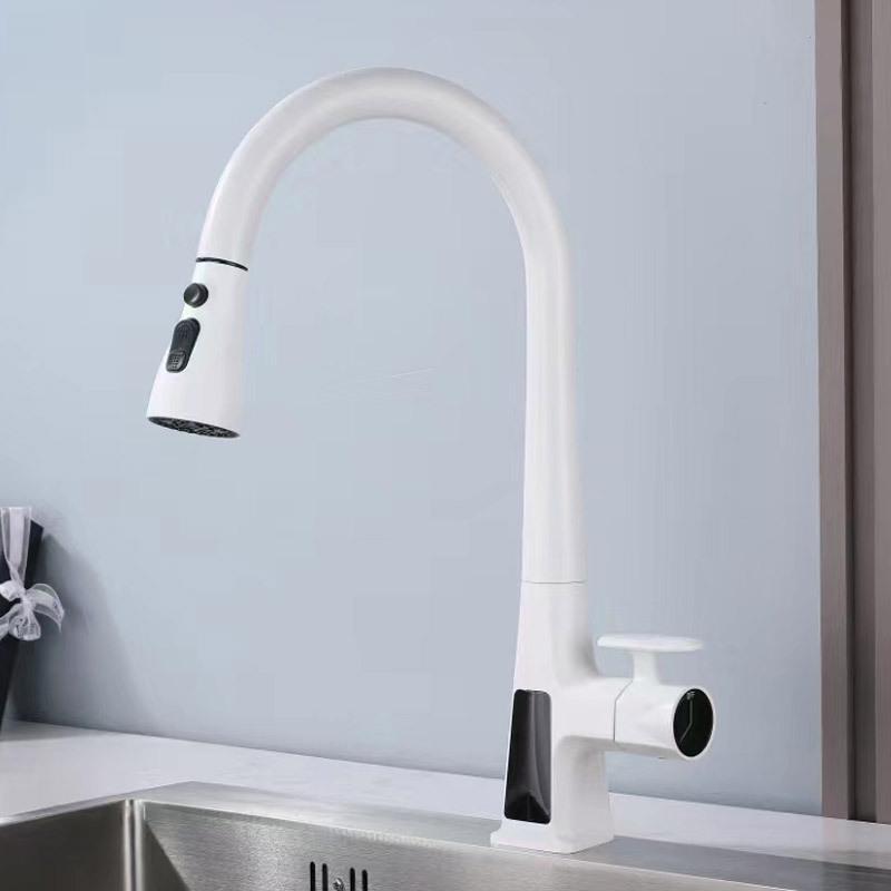 Grey Pull-out Kitchen Sink Faucet Temperature Display Brass Hot And Cold Mix Faucet 360° Rotating Splash Proof Sink Taps