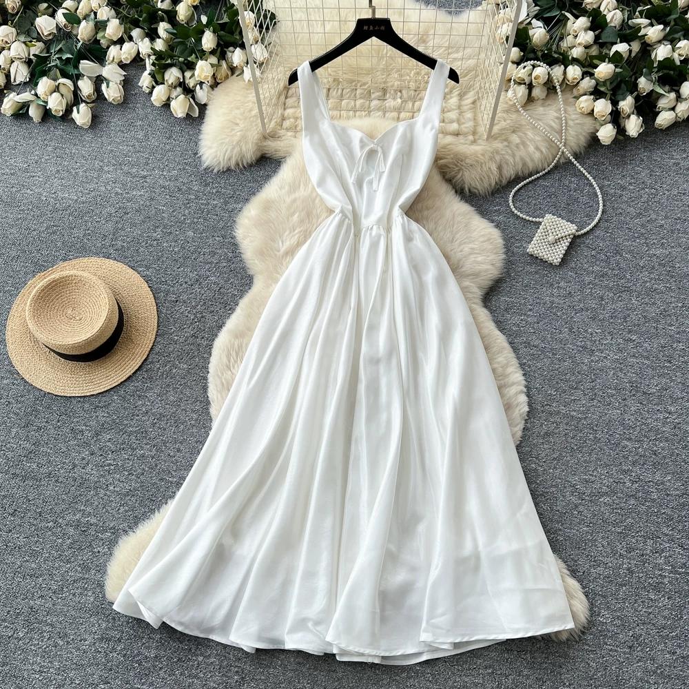 Women's Elegant White Satin Long Dresses Wedding Guest Cocktail Evening Party Dress Square Neck Sleeveless Slim Long Dress